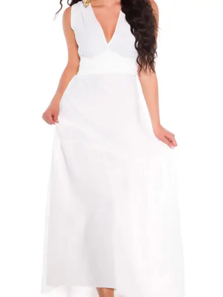 Elegantné biele maxi šaty s výstrihom do V